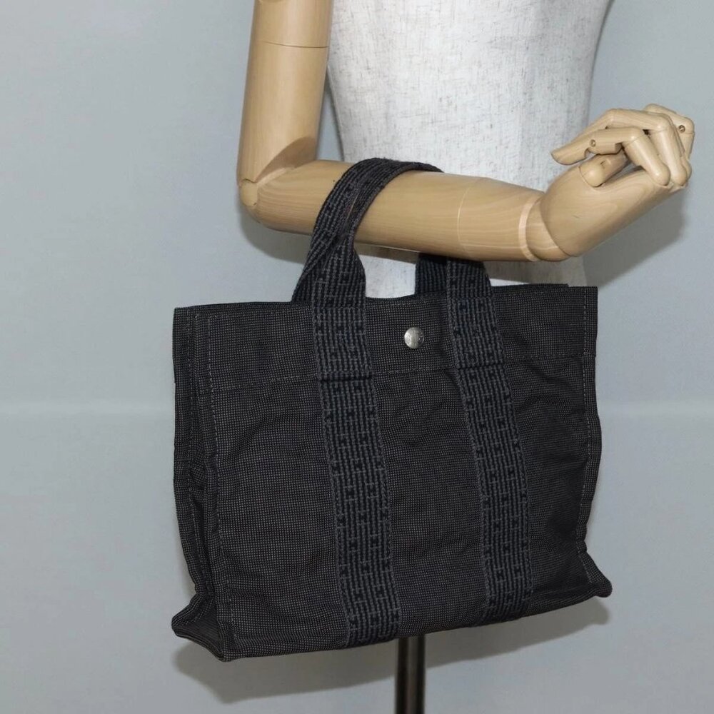 HERMES Her Line PM Hand Bag Canvas Gray Silver Auth